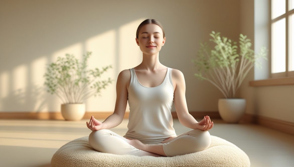 Женщина европейской внешности медитирует в спокойной домашней обстановке, сидя на подушке в удобной позе с прямой спиной и закрытыми глазами, демонстрируя правильную технику медитации для начинающих