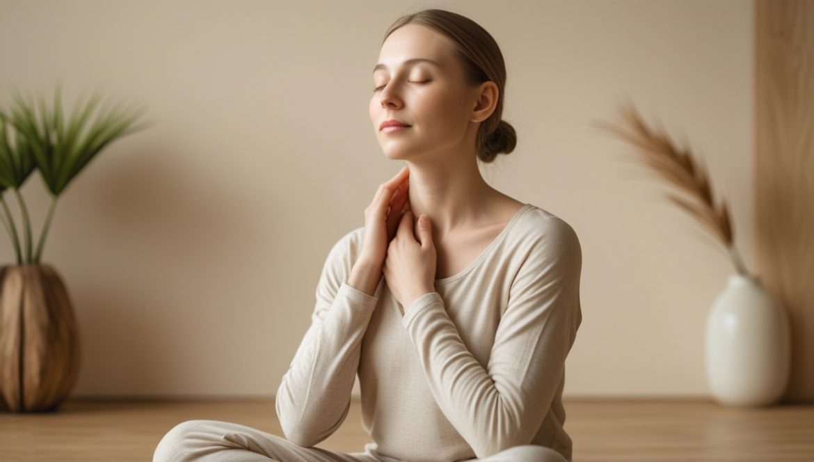 Женщина практикует осознанность тела и техники расслабления мышечного напряжения в области шеи и плеч