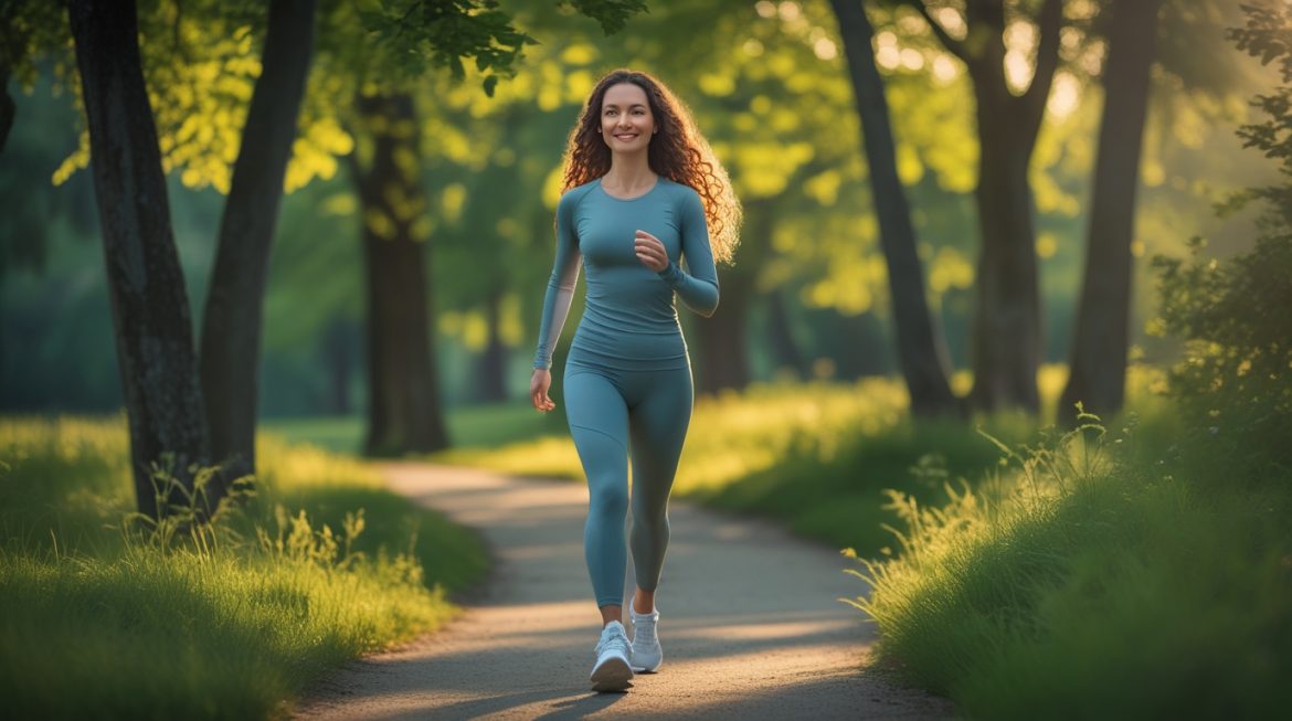 Женщина занимается активной ходьбой в парке для снижения стресса и улучшения психического здоровья