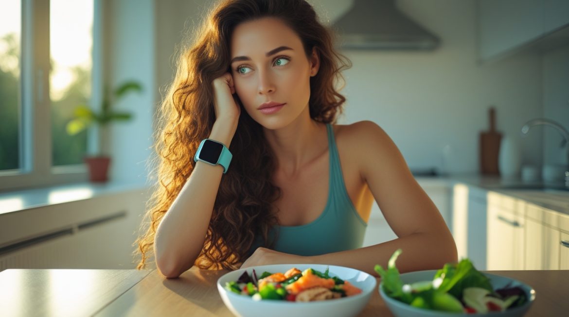 Женщина размышляет о поддержании мотивации в здоровом питании за кухонным столом с полезной едой