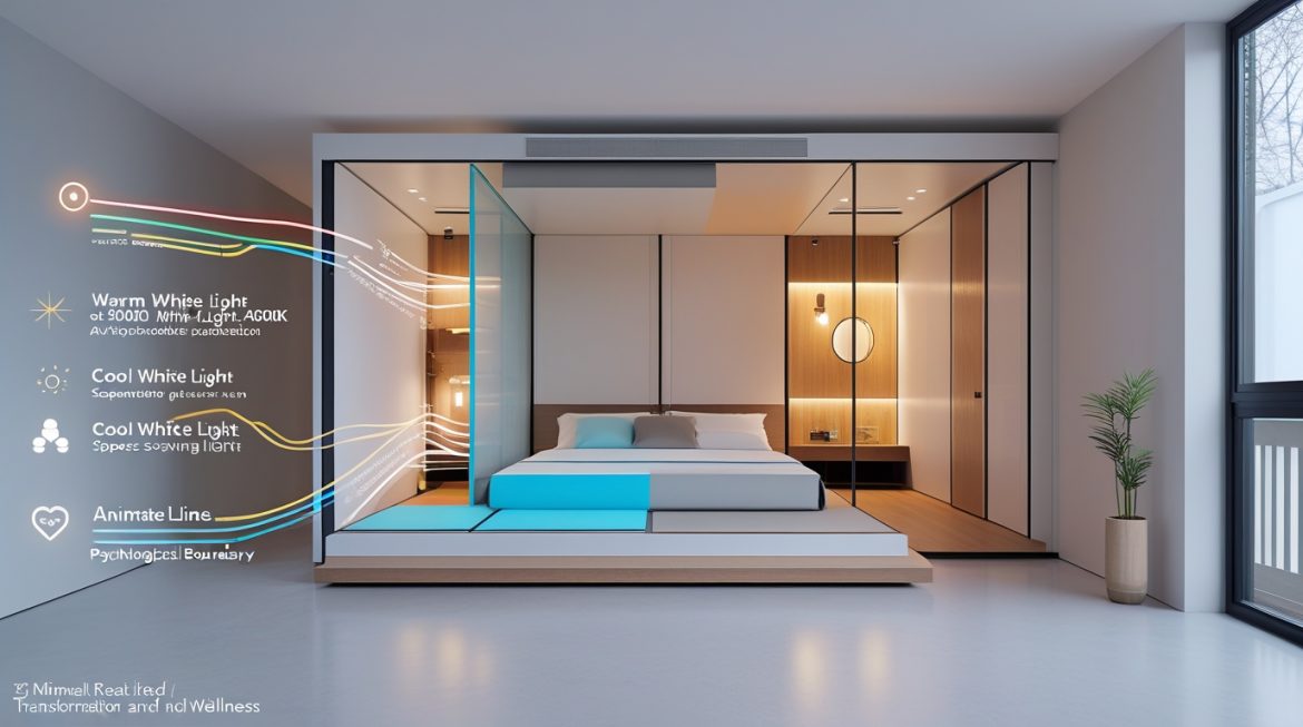 Зонирование спальни с разделением на зону сна и рабочее место при помощи стеллажа-перегородки в современном интерьере