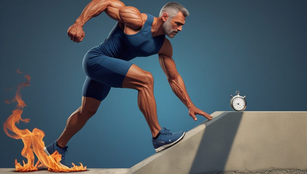 Зрелый спортсмен тренируется в спортзале, андропауза у атлетов, гормональные изменения у спортсменов