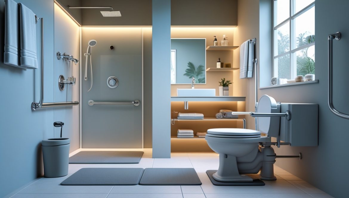 Безопасная ванная комната с поручнями, противоскользящими покрытиями и правильным освещением