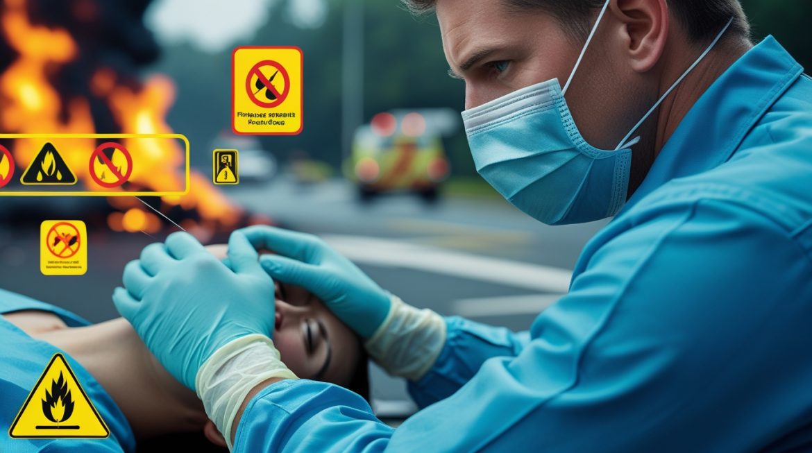 Человек в защитной медицинской экипировке демонстрирует правильную технику безопасности при оказании первой помощи