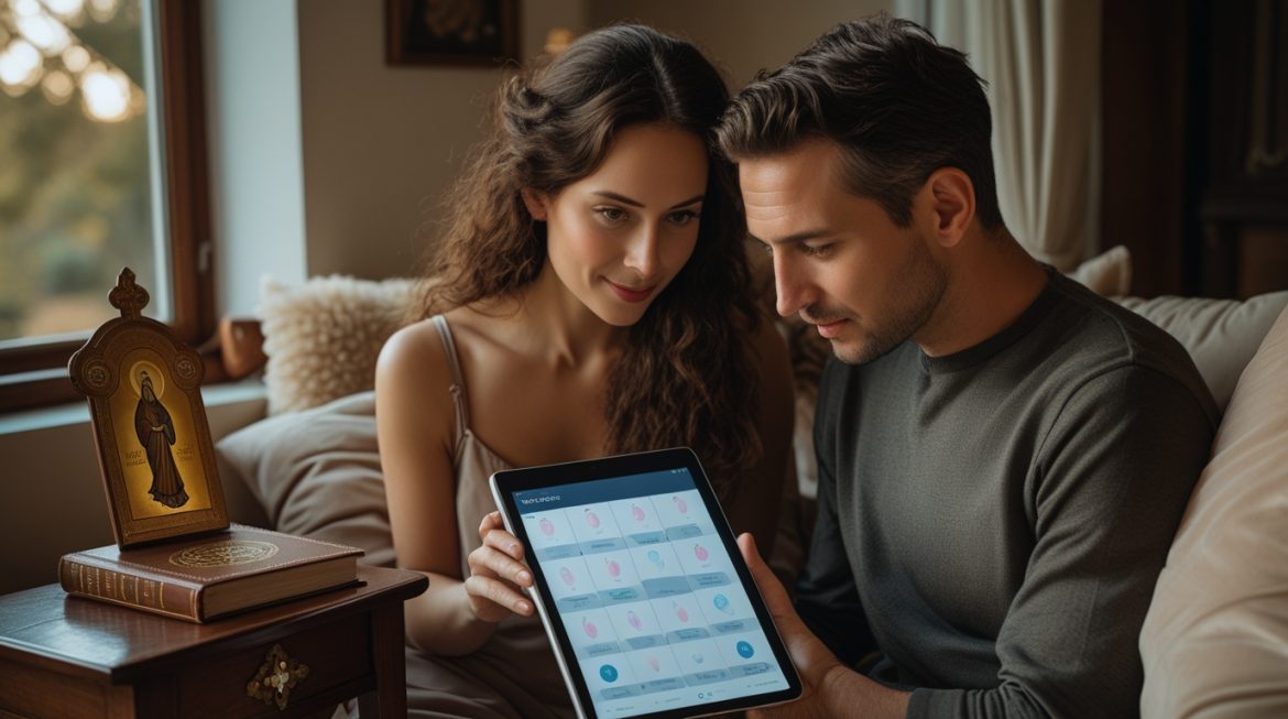 Женщина в медитации окруженная религиозными символами, представляющая гармонию веры и современных решений планирования семьи