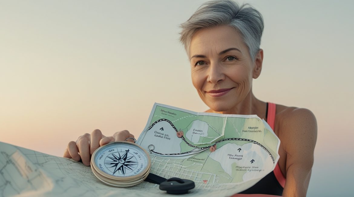 Активная женщина после 55 лет выполняет упражнения в фитнес-зале