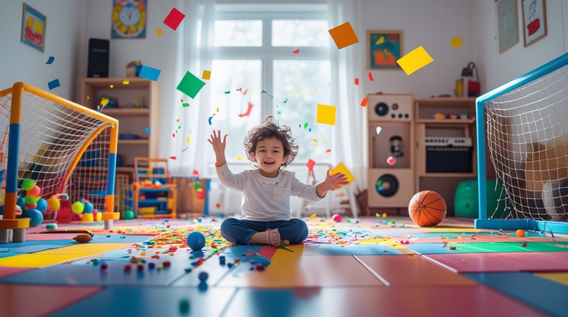 Мать и гиперактивный ребенок занимаются развивающими играми за столом дома