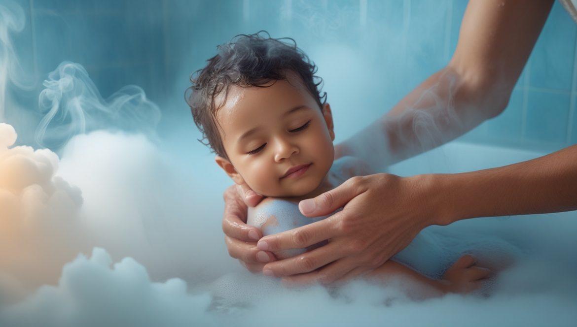 Ребенок с крупом на руках у родителя в домашней обстановке, оказание помощи при дыхательных проблемах