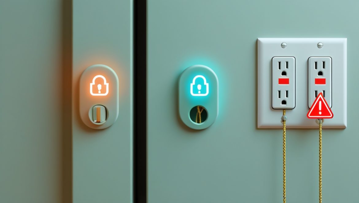 Мама устанавливает детские защитные устройства дома для безопасности ребенка