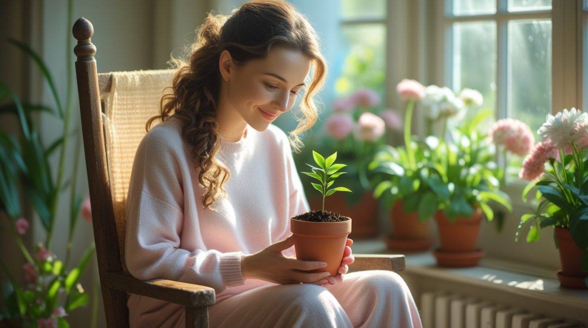 Женщина держит росток растения, символизирующий надежду на новую беременность после выкидыша