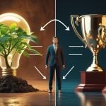 Иллюстрация внутренней и внешней мотивации человека с символами личностного роста и внешних вознаграждений