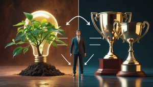 Иллюстрация внутренней и внешней мотивации человека с символами личностного роста и внешних вознаграждений