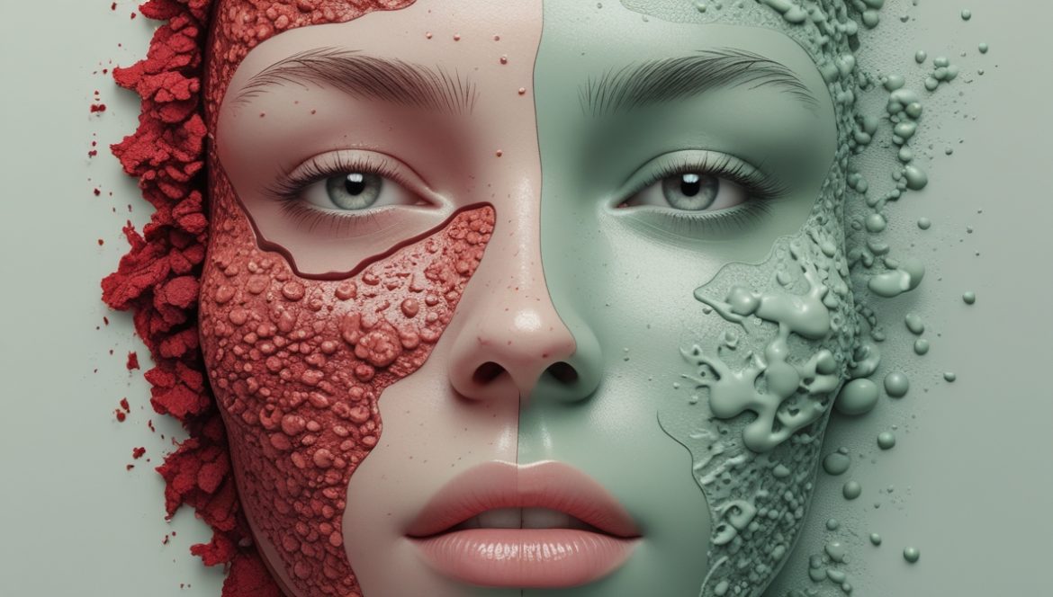 Девушка с проблемной кожей смотрит в зеркало и изучает состояние лица с акне и воспалениями