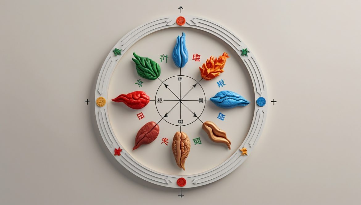 Человек в медитации с символами пяти элементов китайской медицины - вода, дерево, огонь, земля, металл для восстановления здоровья и энергетического баланса