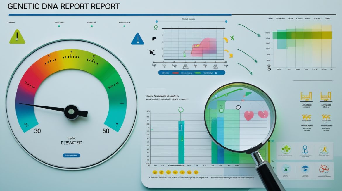 Женщина изучает результаты генетического теста в кабинете врача с ДНК-моделями
