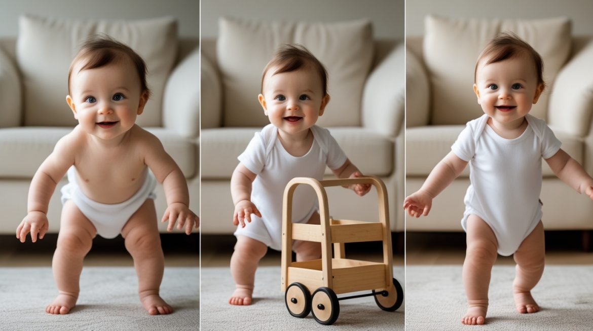 Ребенок делает первые самостоятельные шаги дома с поддержкой родителей