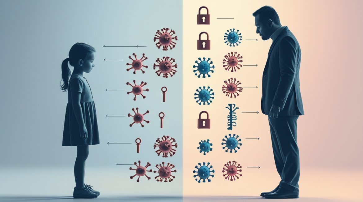 ребенок с крепким иммунитетом играет на свежем воздухе среди полезных продуктов