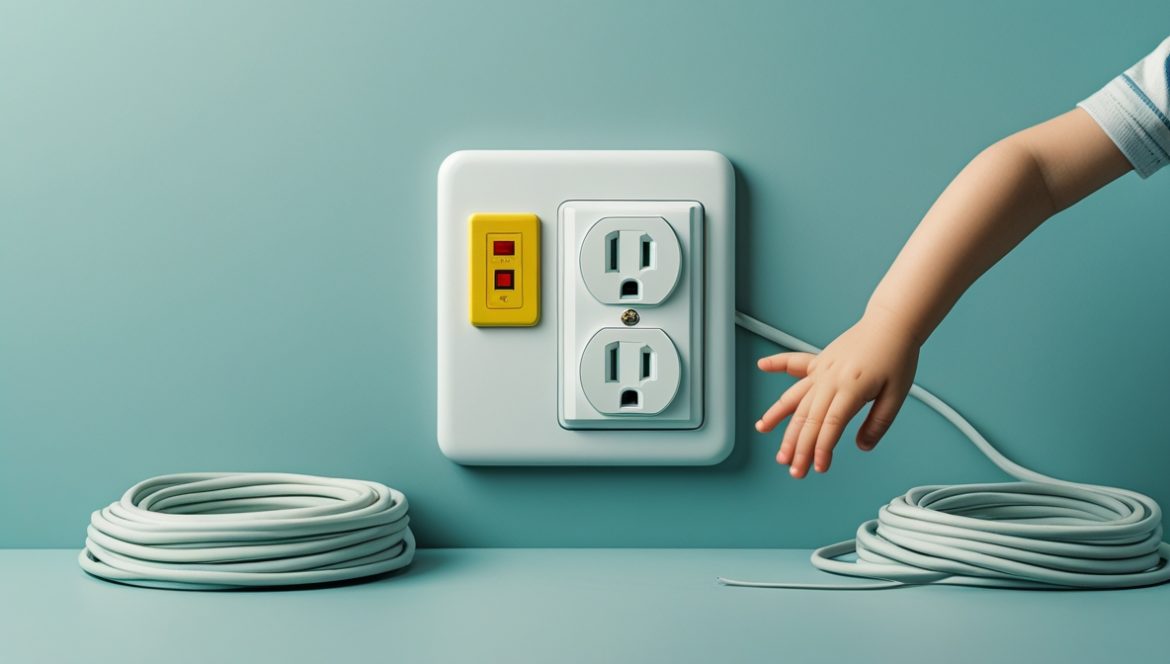 Мама обучает ребенка электробезопасности дома, демонстрируя защитные заглушки для розеток