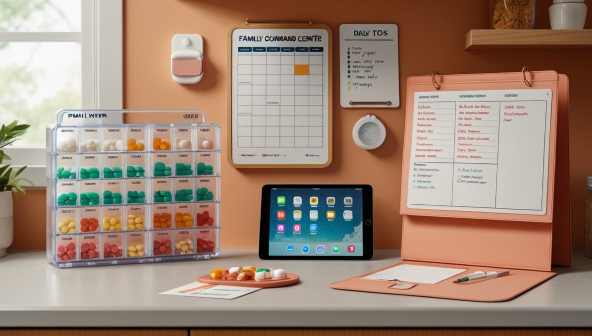 Организованная домашняя аптечка с контейнерами для лекарств и календарём приёма препаратов