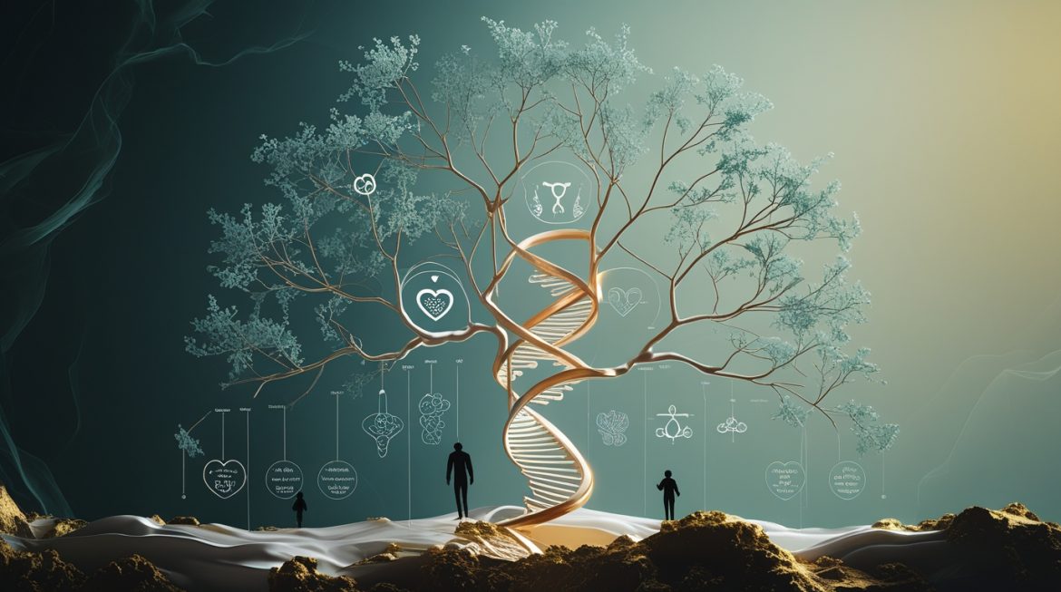Семья с ребенком на фоне структуры ДНК, символизирующая генетическое здоровье и наследственность