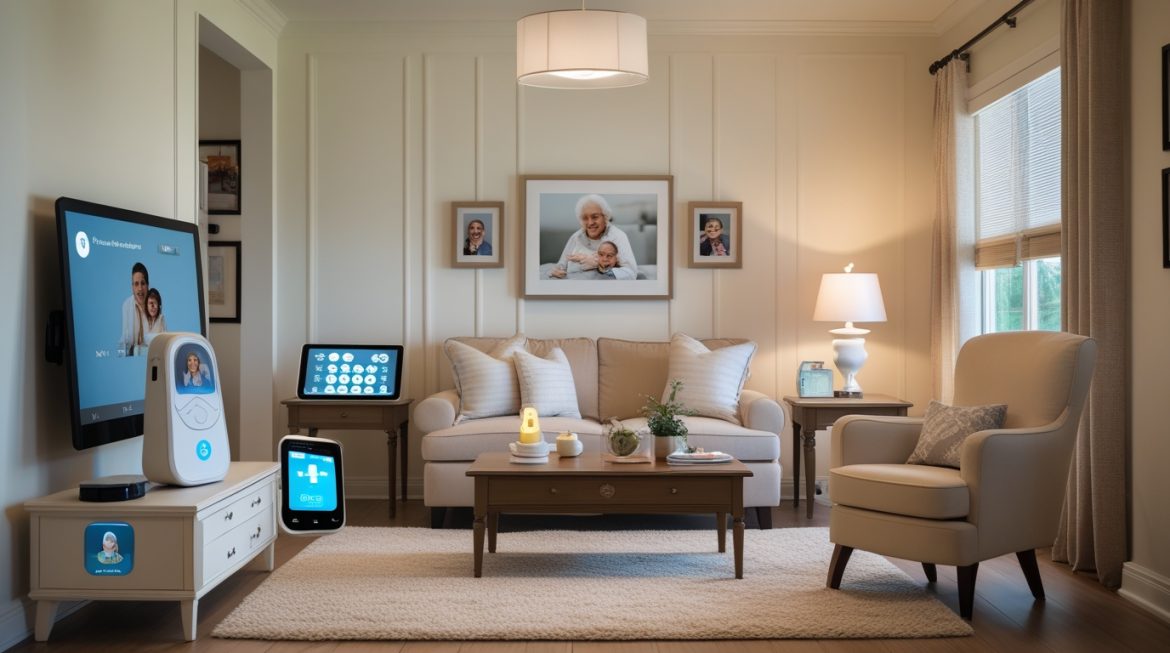 Пожилая женщина использует современные технологии для контроля здоровья дома