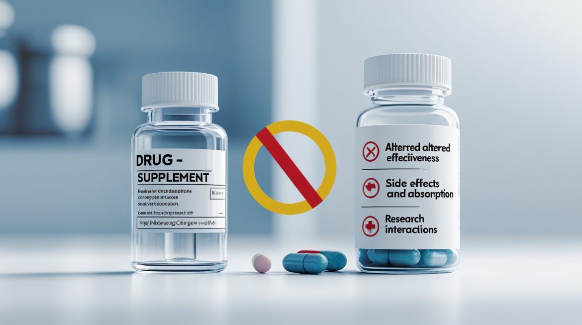 Человек изучает совместимость лекарств и БАДов за столом с препаратами