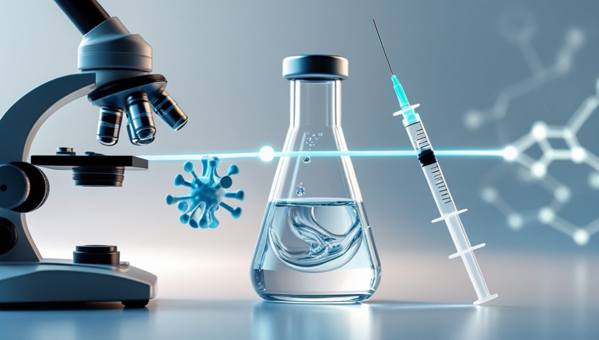 Ученый проводит контроль качества вакцин в современной лаборатории с высокотехнологичным оборудованием