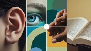 Визуальное представление трёх стилей обучения - визуальный, аудиальный и тактильный с учебными материалами