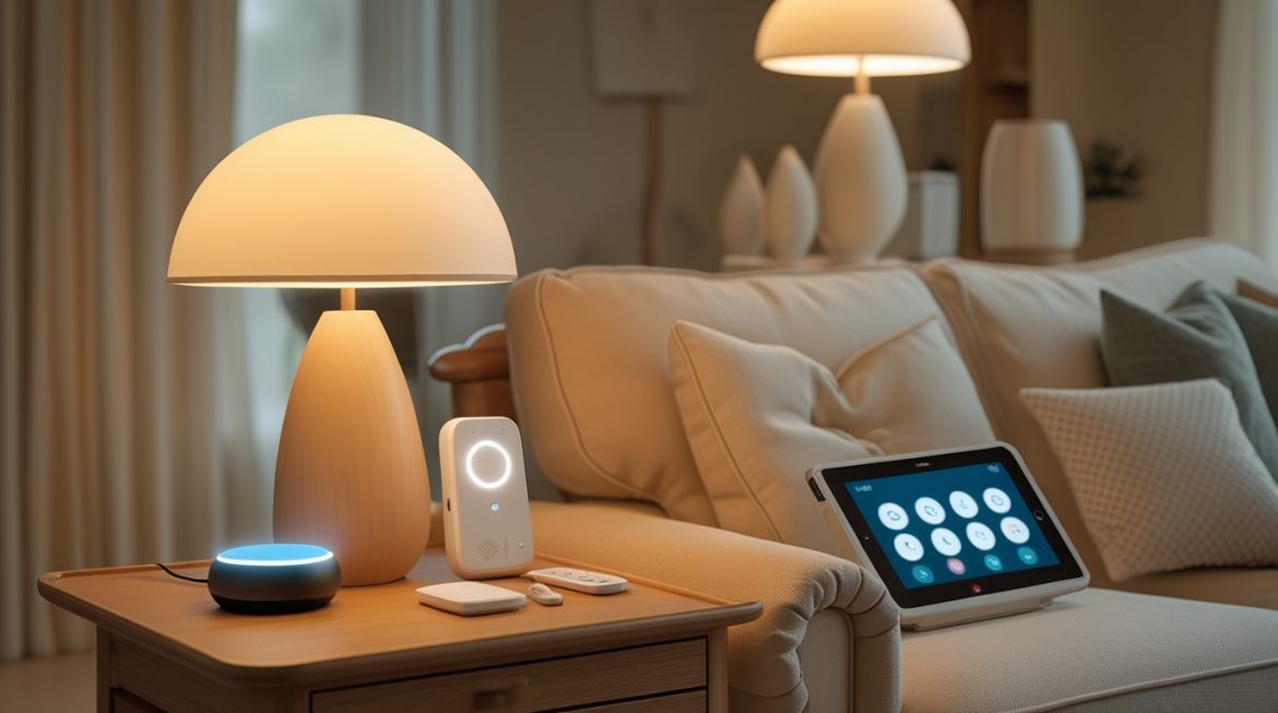 Пожилой человек в умном доме с современными технологиями для комфорта и безопасности