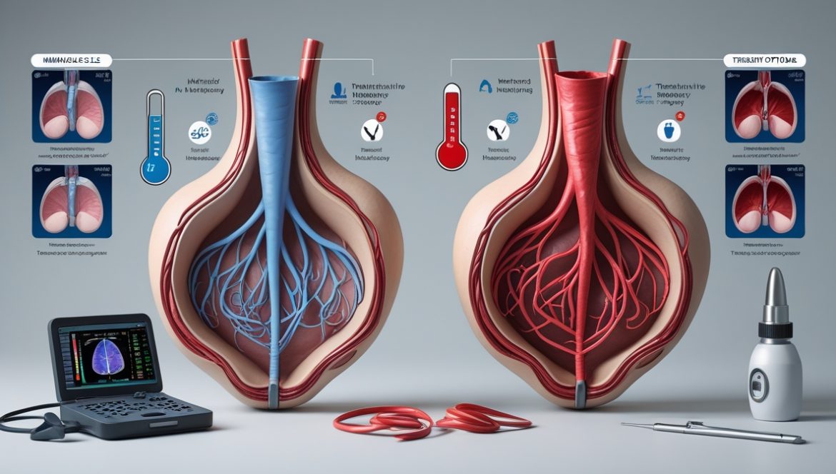 Медицинская иллюстрация варикоцеле у мужчин - сравнение здорового яичка и поражённого расширенными венами