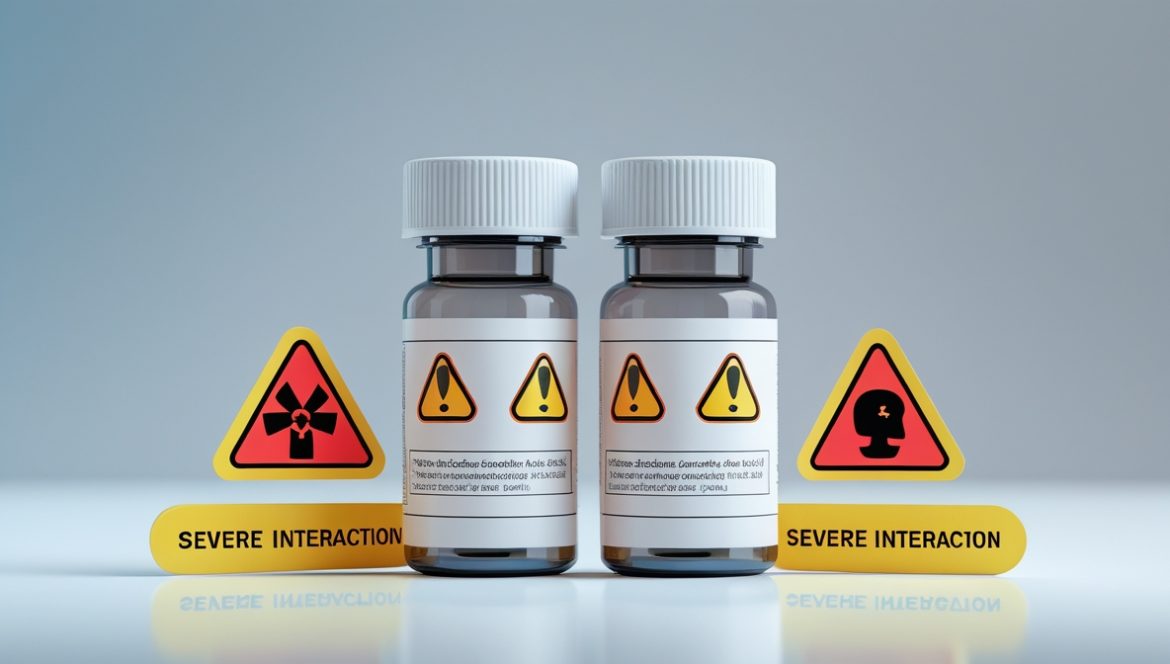 Пожилой человек проверяет взаимодействие лекарств за столом с таблетками и лекарственными препаратами