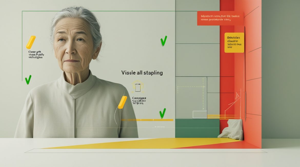 Пожилой человек в очках безопасно спускается по хорошо освещенной лестнице с поручнями, демонстрируя важность правильного освещения и зрения для профилактики падений