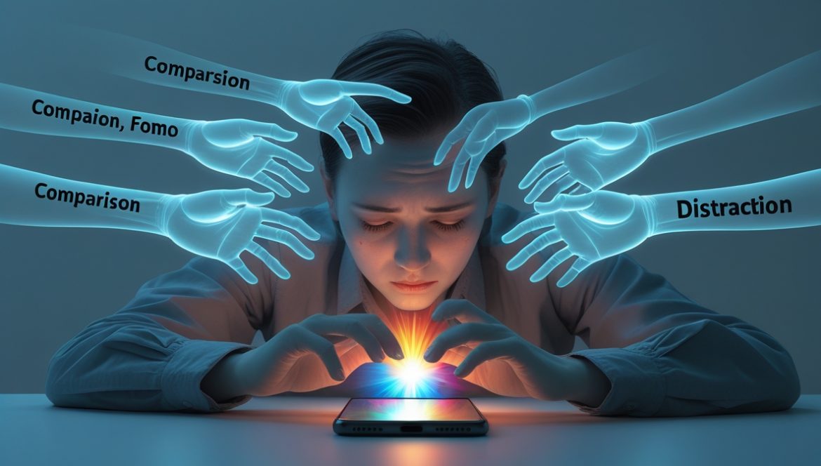 Человек с усталым видом смотрит в телефон поздним вечером, демонстрируя эффект цифрового истощения от бесконечной прокрутки социальных сетей