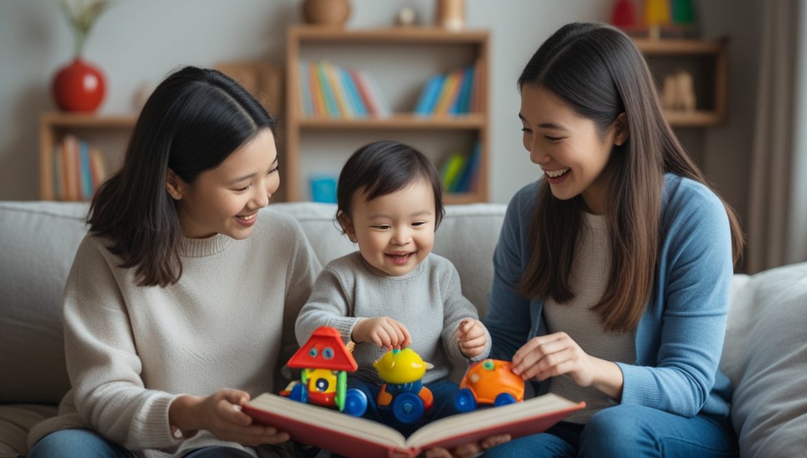 Счастливый ребенок изучает языки в домашней обстановке с книгами на разных языках