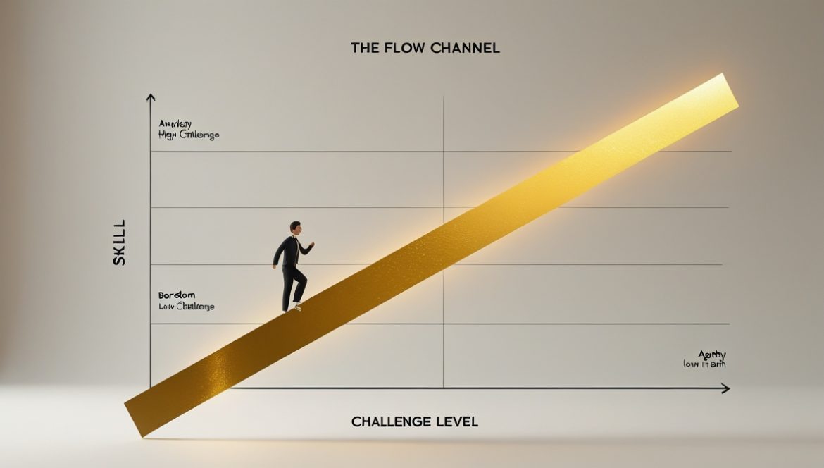 Человек в состоянии потока за рабочим местом демонстрирует идеальный баланс концентрации и продуктивности
