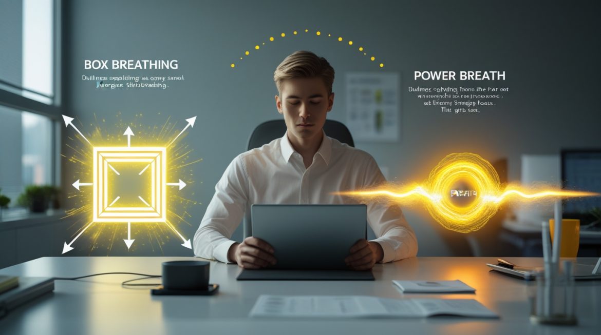 Человек практикует дыхательные упражнения для восстановления энергии в середине дня в современном офисе