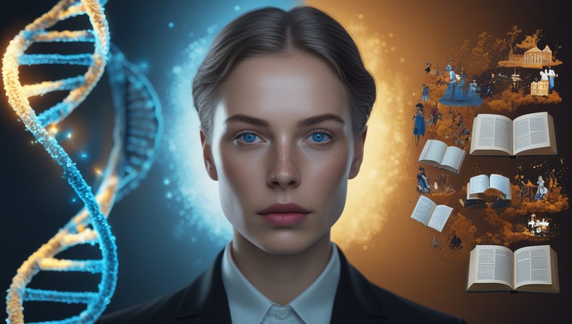 Человек изучает материалы о генетике и психологии развития личности