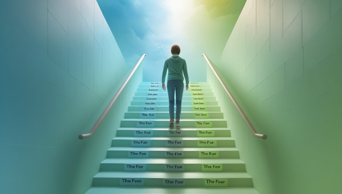 Человек поднимается по лестнице преодоления страхов и фобий с помощью градуированной экспозиции