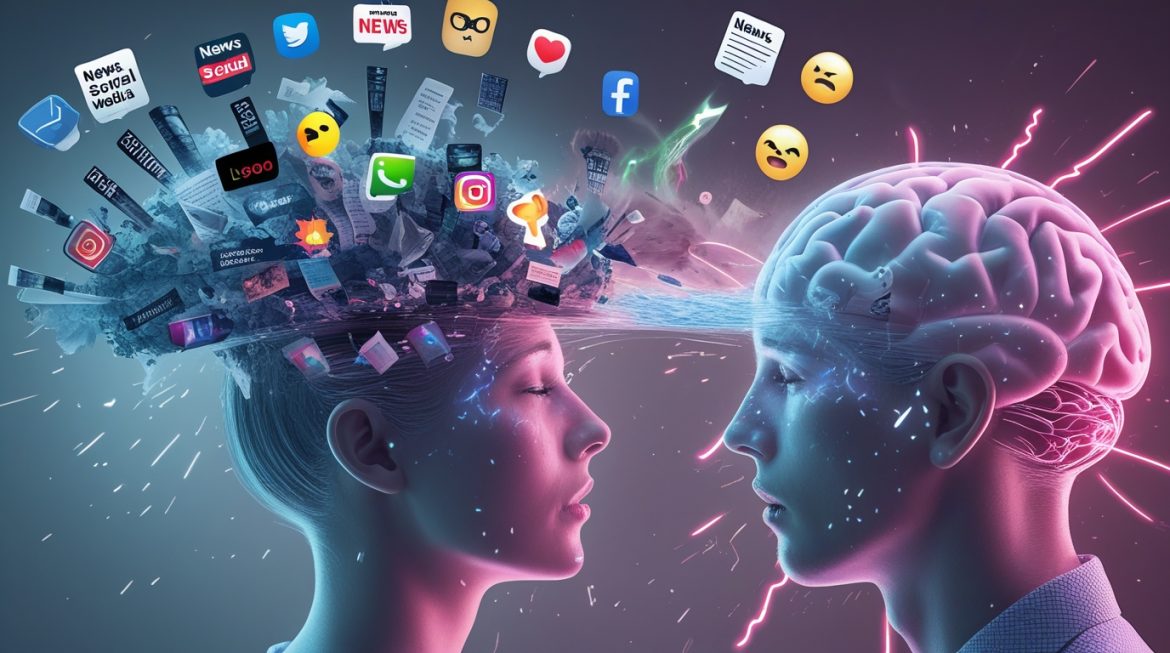 Концептуальное изображение информационной перегрузки и влияния на пищевое поведение с медитирующим человеком