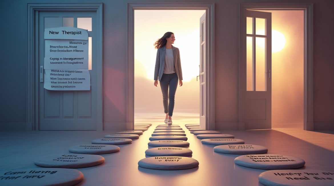 Женщина размышляет о смене психолога в кабинете психотерапевта