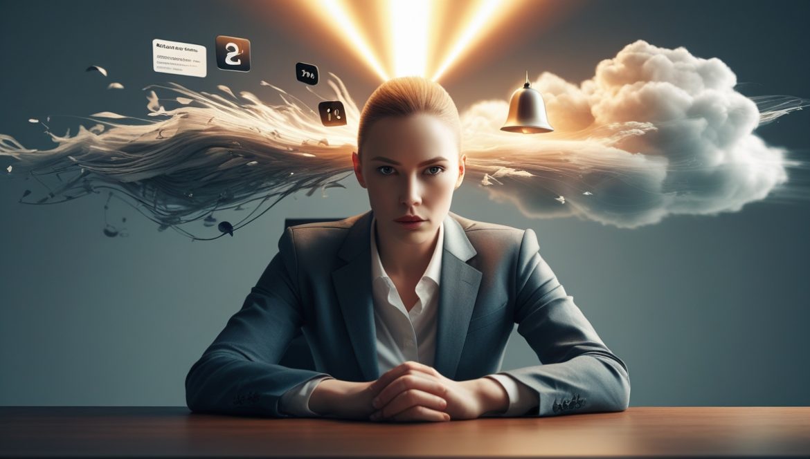 Медитирующий человек с визуализацией нейронных связей мозга, символизирующая когнитивную саморегуляцию и контроль мыслей