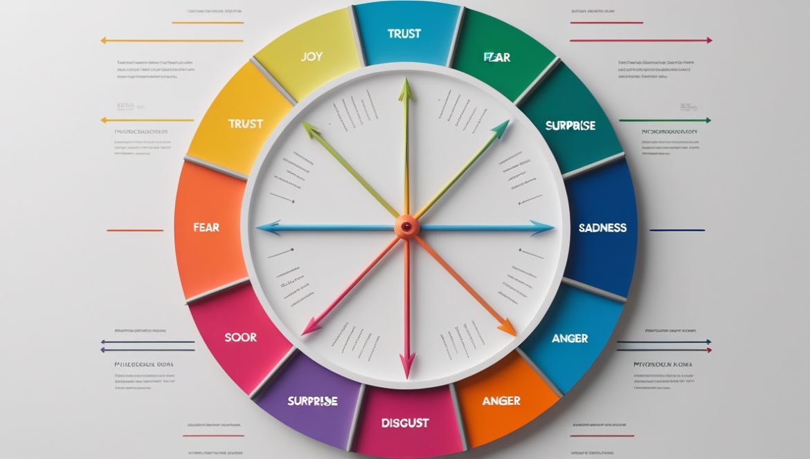 Человек медитирует рядом с красочным колесом эмоций, иллюстрирующим концепцию эмоционального интеллекта и саморегуляции