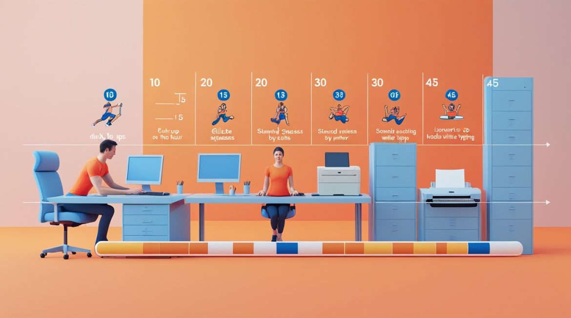 Офисный работник делает микротренировку за рабочим столом для поддержания здоровья и активности