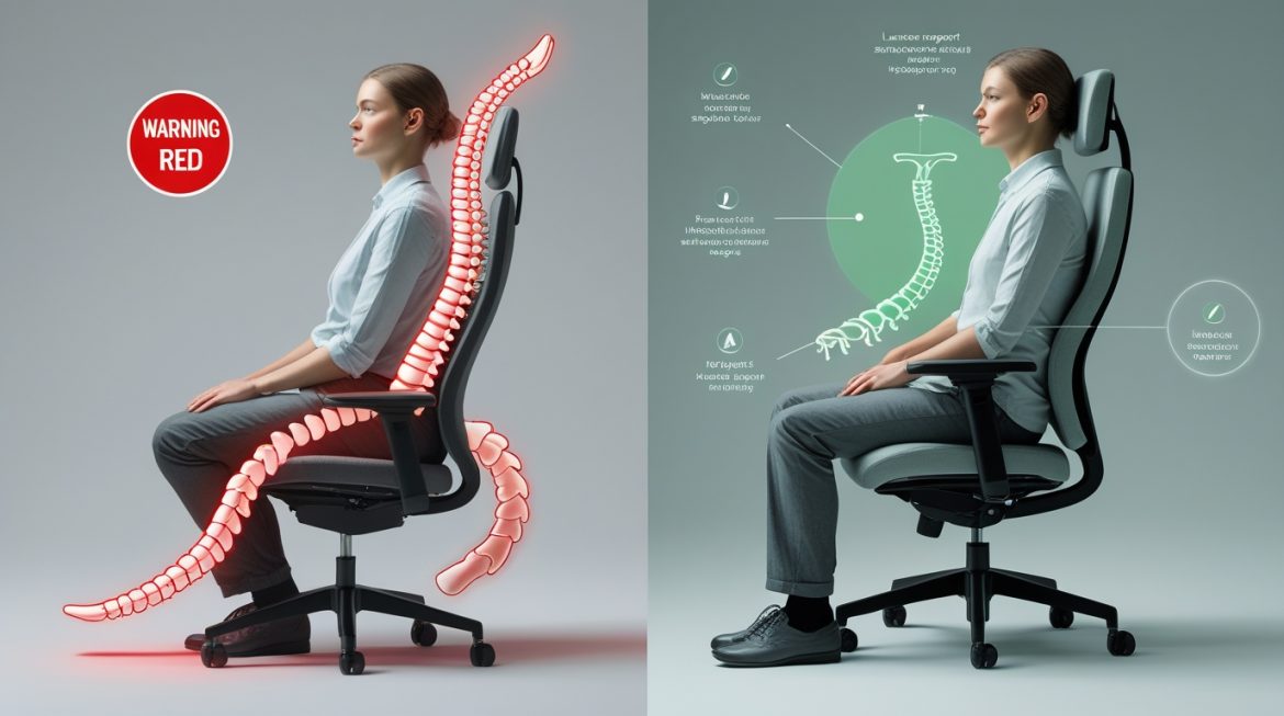 Ортопедическое офисное кресло с поясничной поддержкой и правильной посадкой человека за рабочим столом