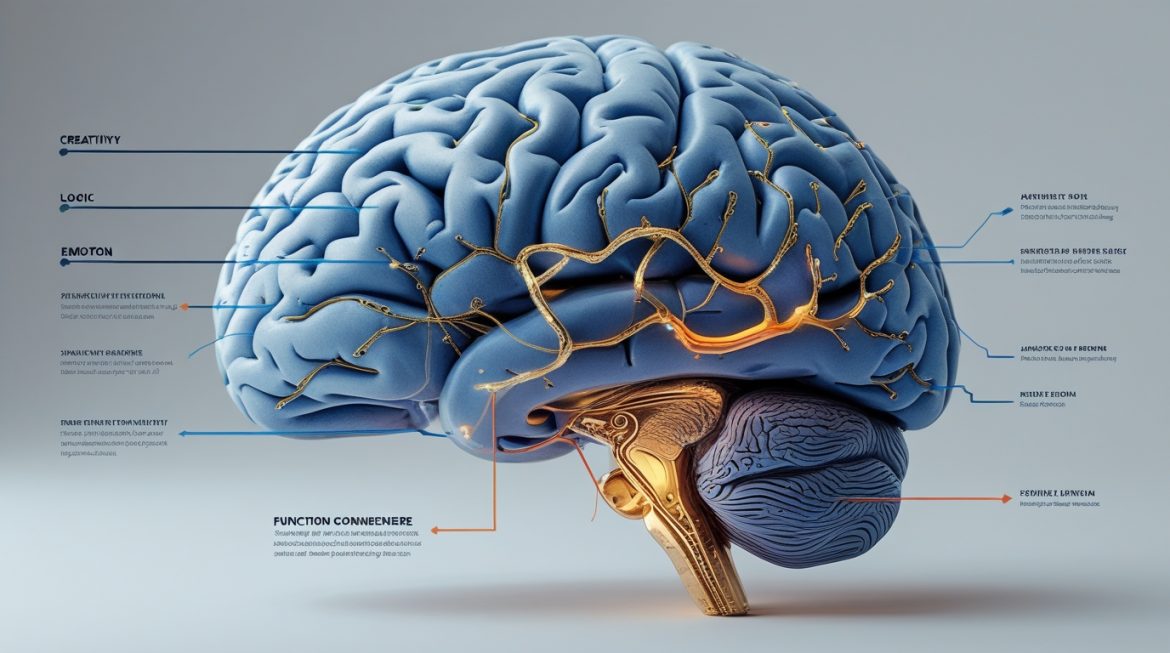 Научная иллюстрация человеческого мозга с межполушарными связями для статьи о функциях полушарий