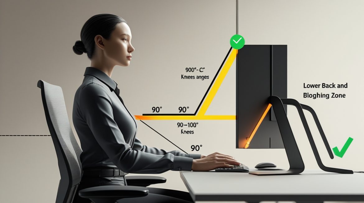 Правильная посадка за компьютером по правилу 90 градусов с эргономичным креслом и монитором
