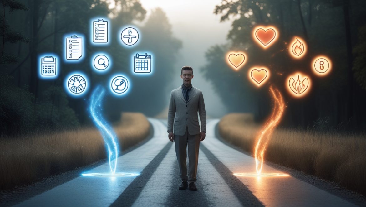 Человек выбирает между рациональным и эмоциональным мышлением на перекрестке решений