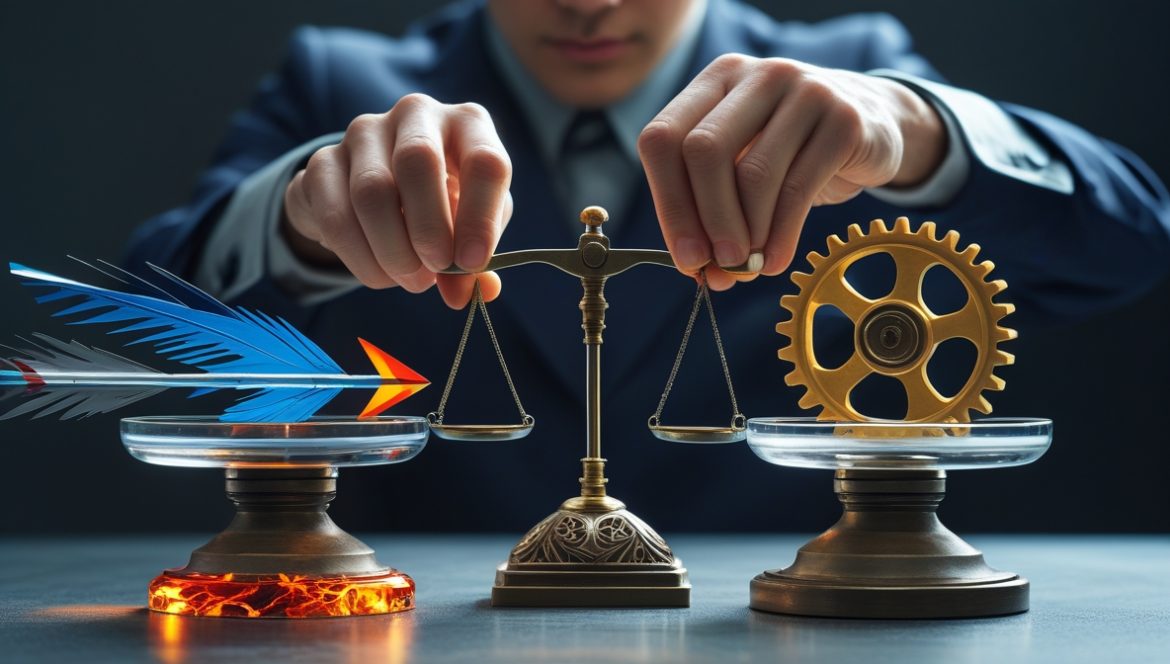 человек принимает решение на перекрестке путей с символами скорости и обдумывания