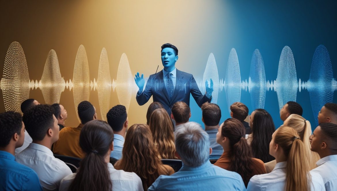 Уверенная женщина выступает перед аудиторией, демонстрируя техники убедительной речи и контроля темпа