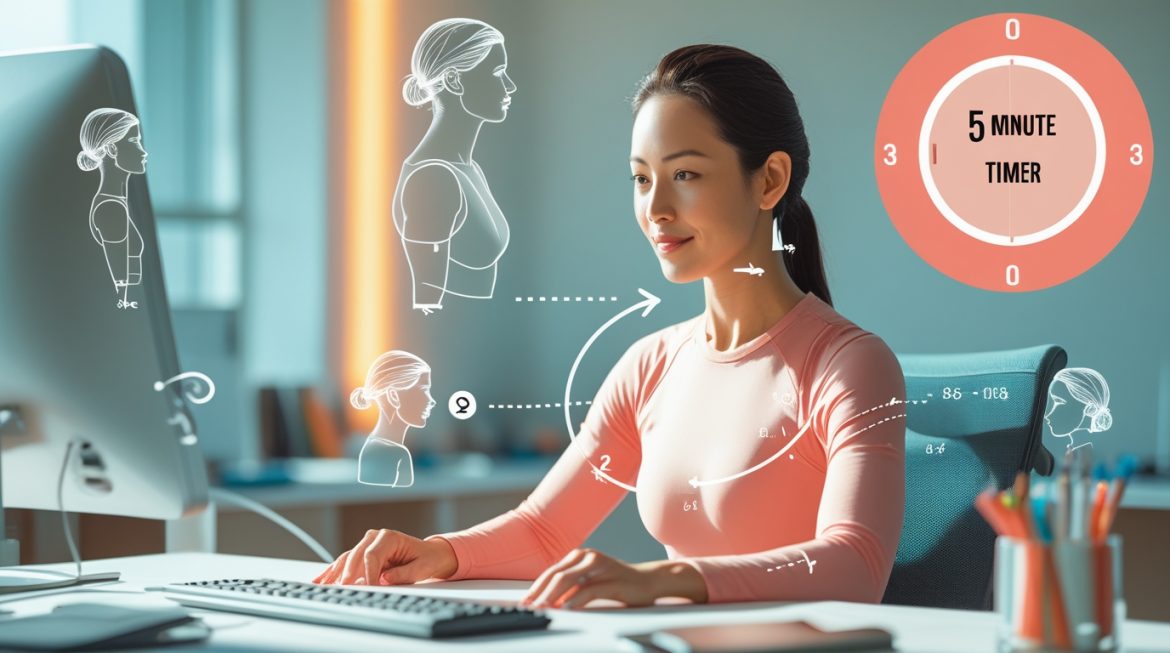 Офисный работник выполняет упражнения для шеи на рабочем месте для профилактики боли